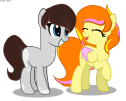 Size: 3673x2950 | Tagged: safe, artist:asika-aida, oc, oc only, oc:cookie cream, oc:lemon dream, earth pony, pegasus, pony, blue eyes, commission, duo, duo female, female, grin, high res, laughing, multicolored hair, open mouth, raised hoof, simple background, smiling, transparent background