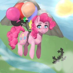Size: 1024x1024 | Tagged: safe, artist:axunna, pinkie pie, earth pony, pony, g4, balloon, female, floating, mountain, solo, sun, then watch her balloons lift her up to the sky