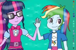 Size: 2593x1728 | Tagged: safe, artist:blazingdazzlingdusk, rainbow dash, sci-twi, twilight sparkle, equestria girls, g4, belt, bowtie, duo, female, glasses, high five