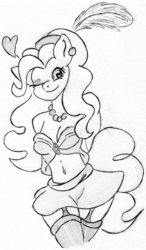 Size: 1409x2406 | Tagged: safe, artist:zemer, pinkie pie, earth pony, anthro, g4, belly button, breasts, cleavage, clothes, female, garter belt, garters, gypsy pie, heart, miniskirt, monochrome, one eye closed, skirt, smiling, socks, solo, stockings, thigh highs, traditional art, wink