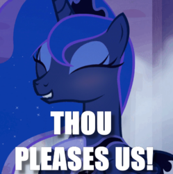 Size: 380x381 | Tagged: safe, princess luna, pony, g4, blushing, cute, female, flattered, grammar error, image macro, lip bite, lunabetes, meme, solo, this pleases meme, ye olde butcherede englishe