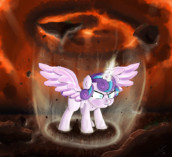 Size: 2179x2000 | Tagged: safe, artist:shogundun, princess flurry heart, alicorn, pony, g4, angry, charging, crying, debris, evil, evil flurry heart, evil grin, female, floating, furious, fury heart, glowing horn, grin, high res, horn, magic, older, serious, serious face, smiling, solo