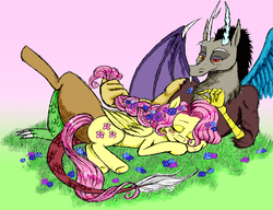 Size: 3230x2480 | Tagged: safe, artist:little-winged-angel, discord, fluttershy, draconequus, pegasus, pony, g4, braid, duo, flower, flower in hair, high res, lying down, male, prone, ship:discoshy, shipping, straight