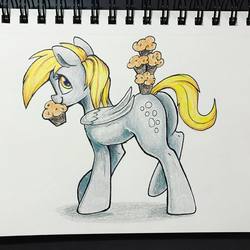 Size: 1080x1080 | Tagged: safe, artist:tsitra360, derpy hooves, pegasus, pony, g4, butt, dock, female, food, looking at you, mare, mouth hold, muffin, plot, raised hoof, smiling, solo, traditional art