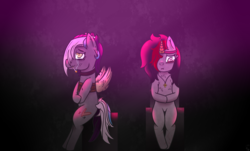 Size: 2000x1209 | Tagged: safe, artist:lazerblues, oc, oc only, oc:addie, oc:miss eri, black and red mane, cigarette, collar, ear piercing, fake horn, fake wings, jewelry, necklace, piercing, scar, smoking, two toned mane