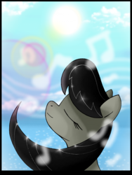 Size: 1608x2144 | Tagged: safe, artist:unitoone, octavia melody, earth pony, pony, g4, eyes closed, female, lens flare, music notes, profile, solo, sun