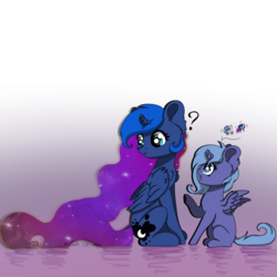 Size: 2500x2500 | Tagged: safe, artist:colorbrush, princess luna, alicorn, pony, g4, duality, duo, female, filly, high res, mare, open mouth, question mark, s1 luna, self ponidox, sitting, talking, woona, younger