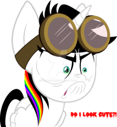 Size: 1024x1114 | Tagged: dead source, safe, artist:duragan, oc, oc only, oc:lightning bliss, alicorn, pony, alicorn oc, angry, cute, denial's not just a river in egypt, do i look angry, goggles, i'm not cute, ocbetes, rainbow hair, simple background, solo, transparent background, watermark