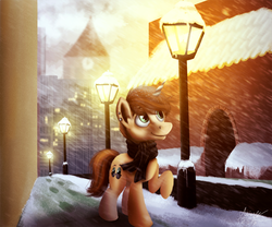 Size: 1200x1000 | Tagged: safe, artist:misiekpl, oc, oc only, pony, unicorn, building, city, clothes, commission, horn, lamppost, looking up, male, scarf, scenery, snow, snowfall, solo, unicorn oc