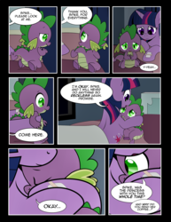 Size: 1275x1650 | Tagged: safe, artist:dsana, spike, twilight sparkle, dragon, pony, comic:to look after, g4, bed, comic, hospital, hospital bed, hug, mama twilight, sad, spikelove