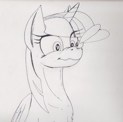 Size: 1672x1659 | Tagged: safe, artist:scribblepwn3, twilight sparkle, alicorn, parasprite, pony, g4, chest fluff, female, monochrome, nose wrinkle, pen drawing, scrunchy face, solo, traditional art, twilight sparkle (alicorn), wavy mouth