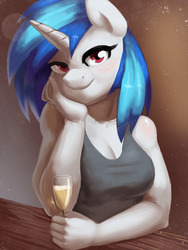 Size: 1500x2000 | Tagged: safe, artist:burgerkiss, dj pon-3, vinyl scratch, anthro, g4, alcohol, breasts, busty vinyl scratch, champagne, cleavage, clothes, colored pupils, eyelashes, female, glass, looking at you, romantic, solo, tank top, wine