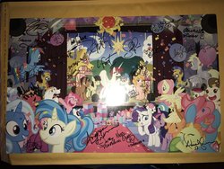 Size: 1200x900 | Tagged: safe, artist:andy price, artist:katie cook, artist:pixelkitties, allie way, applejack, big macintosh, bon bon, bulk biceps, carrot cake, cheerilee, cloudchaser, cup cake, derpy hooves, dj pon-3, fluttershy, lyra heartstrings, pinkie pie, pound cake, pumpkin cake, queen chrysalis, rainbow dash, rarity, roseluck, sweetie drops, tank, trixie, twilight sparkle, vinyl scratch, wild fire, oc, oc:fausticorn, alicorn, earth pony, pegasus, pony, unicorn, g4, andy price, ashleigh ball, autograph, balloon, cathy weseluck, confetti, flying, irl, jayson thiessen, katie cook, lauren faust, lee tockar, male, mane six, michelle creber, moon, nicole oliver, photo, plushie, ponycon, ponyville, poster, royal guard, sibsy, stage, tara strong, wall of tags
