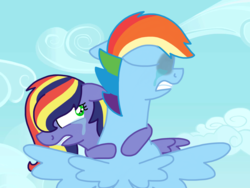 Size: 2048x1536 | Tagged: safe, artist:kindheart525, rainbow dash, oc, oc:paint swirl, kindverse, g4, alternate hairstyle, crying, hug, mother and daughter, next generation, offspring, parent:rainbow dash, parent:soarin', parents:soarindash, sky, story included