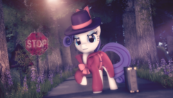 Size: 2560x1440 | Tagged: safe, artist:redaceofspades, rarity, pony, unicorn, g4, 3d, detective, detective rarity, female, looking at you, pathway, poster, raised hoof, road, road sign, shadow, solo, source filmmaker, stop sign, suitcase, tree