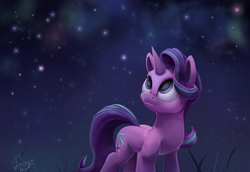 Size: 1708x1174 | Tagged: safe, artist:insanerobocat, starlight glimmer, pony, g4, female, looking up, night, signature, solo, starry eyes, stars, wingding eyes