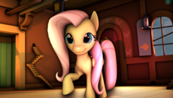 Size: 1024x576 | Tagged: safe, artist:vonklerks, fluttershy, pony, g4, 3d, female, raised hoof, room, shadow, smiling, solo, source filmmaker