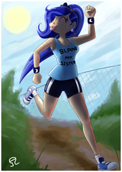 Size: 1600x2263 | Tagged: safe, artist:alvh-omega, princess luna, human, g4, blame my sister, clothes, converse, female, fence, humanized, magic shirt, running, shoes, sneakers, solo, sports shorts, sweatband, tank top, tongue out
