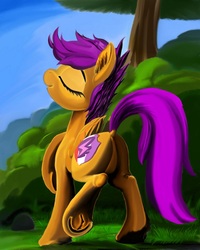 Size: 968x1208 | Tagged: safe, artist:ponsce, scootaloo, pegasus, pony, g4, butt, dock, eyes closed, featureless crotch, female, filly, foal, plot, raised hoof, scootabutt, solo, underhoof