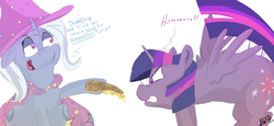 Size: 1600x733 | Tagged: safe, artist:bow2yourwaifu, trixie, twilight sparkle, alicorn, pony, unicorn, g4, banter, behaving like a cat, cape, cheese, clothes, female, food, hat, hissing, mare, quesadilla, scared, simple background, they're just so cheesy, trixie's cape, trixie's hat, turophobia, twilight sparkle (alicorn), white background