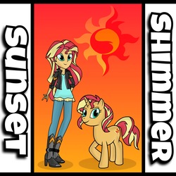 Size: 1990x1993 | Tagged: dead source, safe, artist:drewmwhit, sunset shimmer, pony, equestria girls, boots, clothes, female, high heel boots, human ponidox, jacket, leather jacket, pants, raised hoof, self paradox, self ponidox, solo