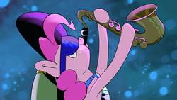Size: 1366x768 | Tagged: safe, artist:chibadeer, pinkie pie, earth pony, pony, g4, clothes, cosplay, costume, crossover, female, hat, jazz, musical instrument, my fair hatey, roleplaying, saxophone, show reference, solo, space, sunglasses, wander over yonder, wander over yonder reference, wander's hat