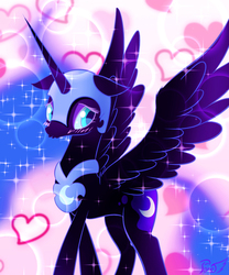 Size: 781x939 | Tagged: safe, artist:phoenixperegrine, nightmare moon, alicorn, pony, g4, blushing, cute, female, floppy ears, heart, moonabetes, nicemare moon, shy, solo, sparkles, spread wings, wings