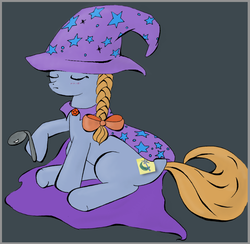Size: 755x736 | Tagged: safe, artist:1nfy, oc, oc only, pony, blushing, cape, clothes, costume, hat, simple background, solo, spoon, spoon bending, trixie's cape, trixie's hat