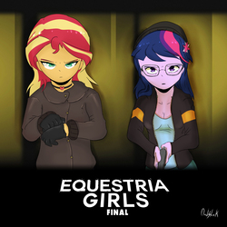 Size: 2400x2400 | Tagged: safe, artist:0ndshok, sci-twi, sunset shimmer, twilight sparkle, equestria girls, g4, duo, gun, high res, movie poster, weapon