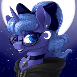 Size: 900x900 | Tagged: safe, artist:pusspuss, princess luna, alicorn, pony, bow, braces, choker, clothes, ear piercing, earring, female, freckles, glasses, goth, hoodie, jewelry, lipstick, looking at you, moon, night, night sky, one eye closed, patreon, patreon logo, piercing, ponytail, s1 luna, skull, smiling, solo, stars, teenager, wink