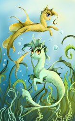 Size: 800x1280 | Tagged: artist needed, safe, lyra heartstrings, oc, merpony, my little brony risovach, g4, duo, seaweed, smiling, underwater