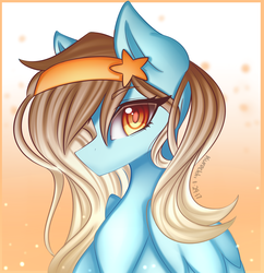Size: 1691x1750 | Tagged: safe, artist:kurochhi, oc, oc only, oc:sugii, pegasus, pony, colored pupils, female, gradient background, headband, looking at you, mare, signature, solo