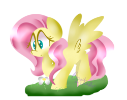 Size: 2329x1827 | Tagged: safe, artist:lynchristina, fluttershy, pegasus, pony, g4, colored pupils, female, flower, grass, hoof on chin, lineless, looking at something, looking down, signature, simple background, solo, spread wings, transparent background