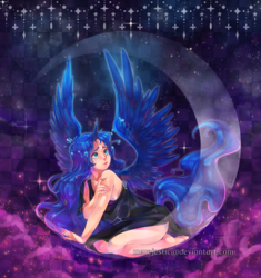 Size: 3000x3189 | Tagged: safe, artist:marejestic, princess luna, human, g4, barefoot, clothes, crying, dress, female, high res, horn, horned humanization, humanized, kneeling, moon, solo, stars, tailed humanization, tangible heavenly object, winged humanization, wings
