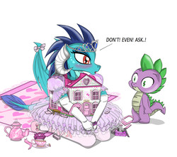 Size: 3500x3100 | Tagged: safe, artist:avchonline, princess ember, spike, dragon, g4, blushing, broken, canterlot royal ballet academy, clothes, cute, dollhouse, hello kitty, high res, missing ear, open mouth, puffy sleeves, sanrio, simple background, tea, teacup, tomboy taming, white background