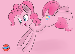 Size: 3009x2173 | Tagged: safe, artist:itsthinking, pinkie pie, g4, ball, behaving like a dog, cute, eyes on the prize, female, high res, jumping, open mouth, pounce, puppy pie, simple background, smiling, solo