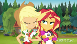 Size: 800x456 | Tagged: safe, artist:luckreza8, artist:sketchmcreations, artist:themexicanpunisher, applejack, sunset shimmer, equestria girls, g4, my little pony equestria girls: legend of everfree, backpack, camp everfree outfits, clothes, denim, female, lesbian, ship:appleshimmer, shipping, shorts
