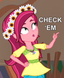 Size: 885x1080 | Tagged: safe, edit, edited screencap, screencap, gloriosa daisy, equestria girls, g4, my little pony equestria girls: legend of everfree, check em, female, lips, looking up, pointing, reaction image, solo