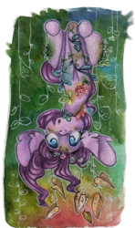 Size: 1132x1911 | Tagged: safe, artist:rinioshi, pinkie pie, earth pony, pony, g4, big ears, female, leaves, open mouth, solo, traditional art, upside down, vine, watercolor painting