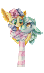 Size: 1760x2895 | Tagged: safe, artist:rinioshi, bon bon, lyra heartstrings, sweetie drops, earth pony, pony, unicorn, g4, best friends, bust, clothes, colored pencil drawing, duo, ear fluff, floppy ears, hug, looking at each other, scarf, simple background, smiling, traditional art, transparent background