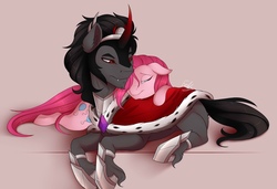 Size: 1280x877 | Tagged: safe, artist:evehly, king sombra, pinkie pie, earth pony, pony, unicorn, g4, armor, cape, clothes, colored horn, crack shipping, cuddling, curved horn, fangs, female, floppy ears, horn, lidded eyes, male, mare, pinkamena diane pie, prone, shipping, snuggling, sombra horn, sombrapie, stallion, straight