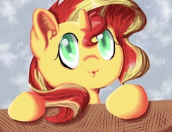 Size: 2480x1903 | Tagged: safe, artist:kenishra, sunset shimmer, pony, unicorn, g4, :o, :p, cute, ear fluff, female, filly, filly sunset shimmer, looking at you, raspberry, shimmerbetes, silly, solo, tongue out, younger