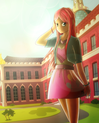 Size: 1600x2000 | Tagged: safe, artist:darkray777, pinkie pie, equestria girls, g4, beautiful, bracelet, canterlot high, clothes, courtyard, female, human coloration, jewelry, pinkamena diane pie, scenery, skirt, skirt pull, solo