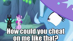 Size: 1280x720 | Tagged: safe, edit, edited screencap, screencap, starlight glimmer, thorax, trixie, pony, unicorn, g4, to where and back again, caption, clothes, female, glimax, hat, image macro, implied startrix, infidelity, male, mare, meme, shipping, straight, trixie's hat
