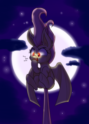 Size: 1250x1750 | Tagged: safe, artist:heir-of-rick, fluttershy, bat pony, pony, g4, apple, eating, fangs, female, flutterbat, food, full moon, looking at something, moon, night, nom, prehensile tail, race swap, solo, upside down