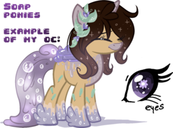 Size: 1379x1020 | Tagged: safe, artist:starchasesketches, oc, oc only, oc:melany, original species, soap pony, base used, flower, flower in hair, lavender, reference sheet, simple background, soap, soap bubble, solo, starry eyes, transparent background, wingding eyes