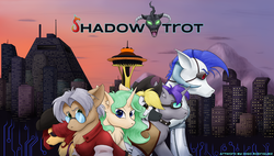 Size: 1024x580 | Tagged: safe, artist:thedigodragon, oc, oc only, earth pony, pony, unicorn, zebra, fanfic:shadowtrot, building, clothes, eyepatch, glasses, goggles, group, hat, seattle