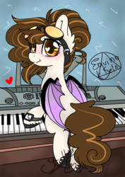 Size: 1000x1414 | Tagged: safe, artist:equinoecho08, oc, oc only, oc:equinoecho08, bat pony, pony, blushing, clock, colored pupils, cute, ear fluff, freckles, goggles, heart, keyboard, looking at you, looking back, musical instrument, signature, smiling, solo, wingding eyes