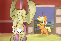 Size: 1280x853 | Tagged: safe, artist:heir-of-rick, applejack, fluttershy, bat pony, earth pony, pony, daily apple pony, g4, barn, bipedal, caught, cute, exclamation point, flutterbat, jackabetes, race swap, shyabates, shyabetes, sweat, younger