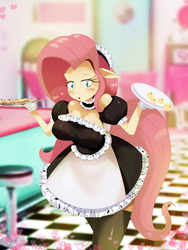 Size: 1588x2116 | Tagged: safe, artist:traupa, fluttershy, anthro, g4, bakery, big breasts, blushing, breasts, busty fluttershy, choker, clothes, clumsy, dessert, dress, female, fluttermaid, food, maid, oops, socks, solo, stockings, thigh highs, tray, waitress